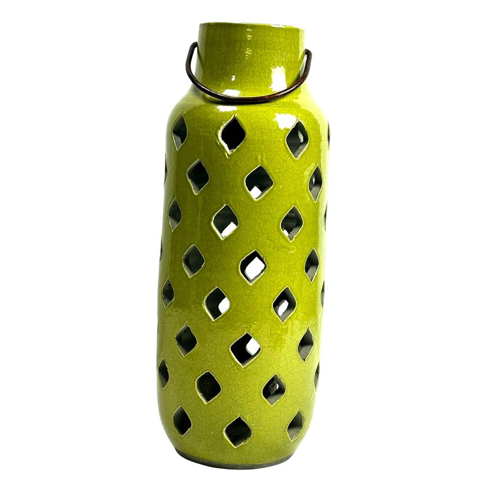 Green Pierced Pottery Jug Style Candle/Votive Holder w/ Metal Handle 15.25” Tall